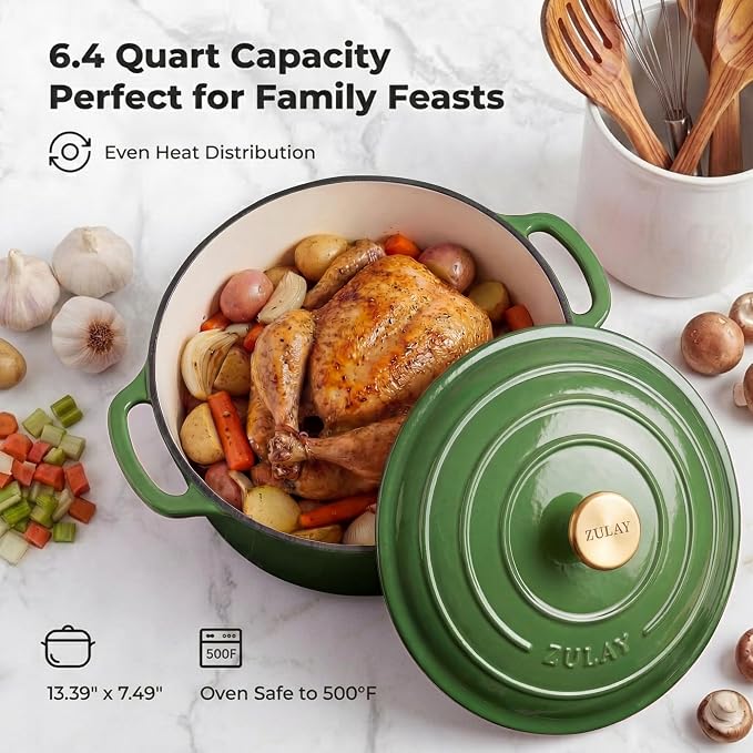 Zulay Kitchen 6.4QT Enameled Cast Iron Dutch Oven Pot with Lid, Heavy-Duty Soup Pot for Stews, Braising, Roasting & Sourdough Bread Baking, Oven Safe up to 500°F - Green