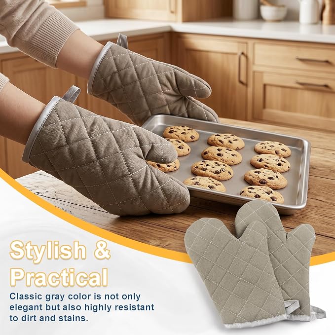 ARCLIBER Grey 12" Quilted Oven Mitts 1 Pair Heat Resistant Kitchen | Quilted Lining, 1 Pair, Heat Resistant, Classic, Cotton Blend, Cooking, Baking, Grilling, Non-Slip Grip