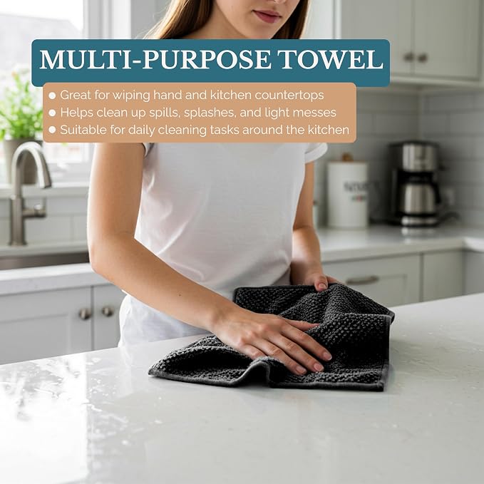 Casa Platino Kitchen Towel Set 8 Pc - 4 Dish Towels for Kitchen (16"x26") & 4 Dish Cloths (13"x13") - Absorbent, Quick Dry, Durable Cleaning Cloth & Hand Towels With Hanging Loop for Cleaning - Black.