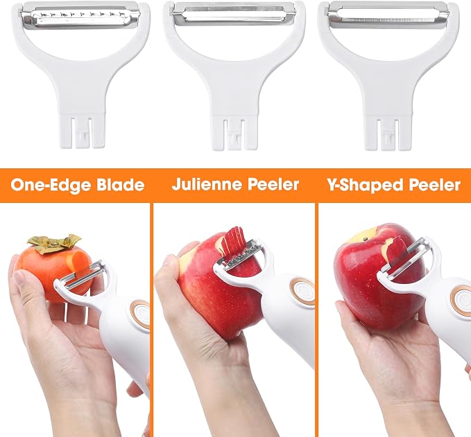 3-in-1 Electric Peeler Fruits and Vegetables Cordless for Kitchen, Handheld Julienne Blade Slicer Set Tool for Apples Carrot Potatoes Cucumber, Automatic Electrico Stainless Steel Pro Machine Gadgets