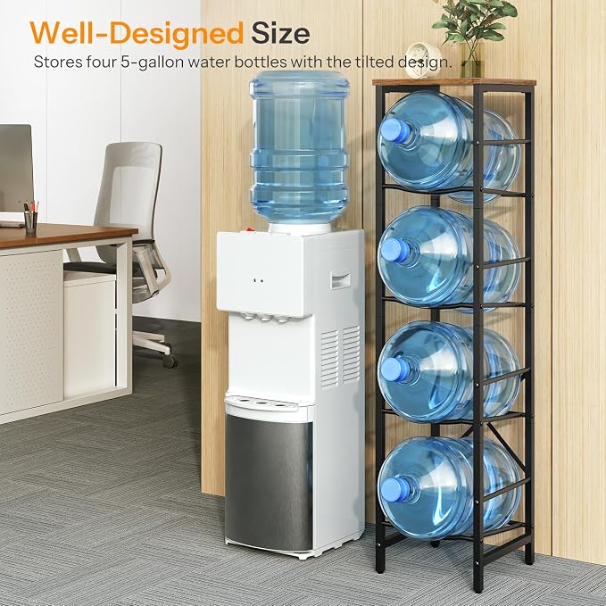 HOOBRO Water Jug Rack, Water Bottle Holder, 5 Gallon Water Jug Rack, 4-Tier Water Cooler Storage Rack, Water Dispenser Stand, for Kitchen, Living Room, Office, Rustic Brown and Black BF02ST01