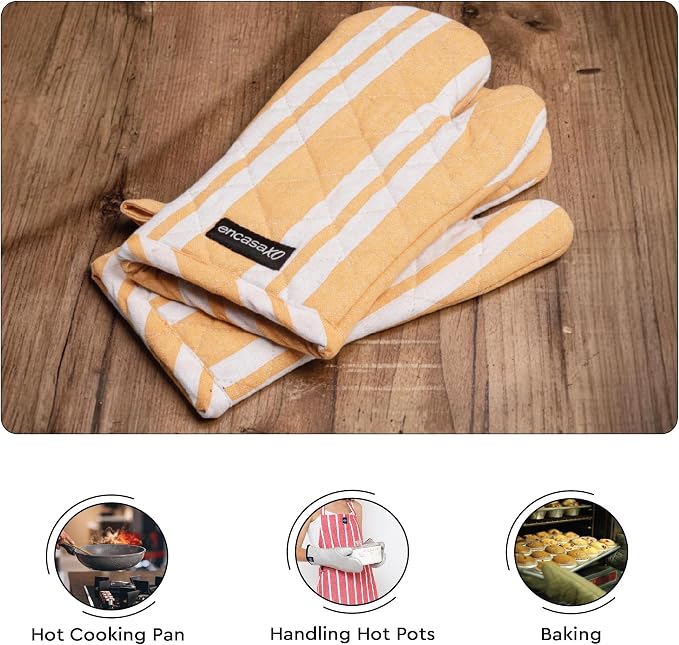 Encasa XO Oven Mitts, Heat Resistant Kitchen Gloves, Microwave | Franca Yellow Stripes, 100% Cotton | Diamond Quilted Insulation | Pot Holders | Hanging Loop | Barbecue & Grill | Set of 2