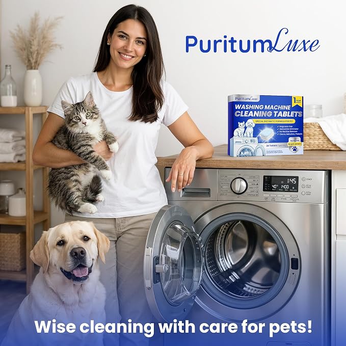 Washing Machine Cleaning Tablets for Pet Owners – Enzymatic Washing Machine Cleaner Removes Pet Hair, Odors & Limescale Buildup – Compatible with HE, Front & Top Load – 24 pcs (1-Year Supply)