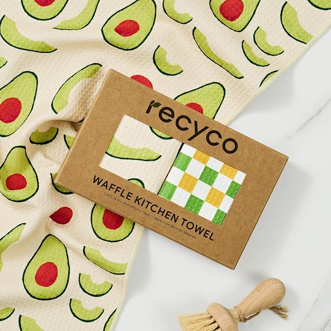 RECYCO Waffle Kitchen Towel Set of 2 - Quick Dry Microfiber Sustainable Dish Towels - Ultra Absorbent Reusable Cleaning Tea Towels - Lightweight Hand Towels,16”x 28”, Avocado Vibes