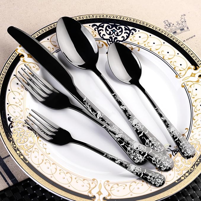 40-Piece Black Skull Silverware Set for 8, Flatware Set Stainless Steel Spoons,Forks,Knife Pattern Unique Design Utensil Sets Tableware Cutlery, Mirror Polished, Dishwasher Safe
