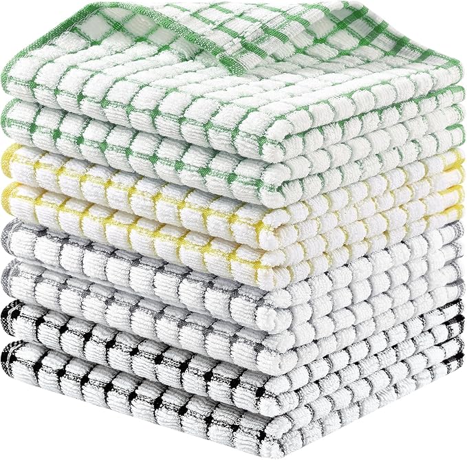 Homaxy 8 Pack Terry Kitchen Dish Cloths, 12"x12", Black/Grey/Green/Yellow | Super Soft and Absorbent Dish Rags, Quick Drying Reusable Dish Towels for Washing Dishes
