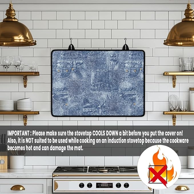 Denim Patchwork Style Stove Top Covers for Electric Stove, Jean Print Patchwork Glass Stovetop Cover with Lanyard Blue Miscellaneous Countertop Protector Mat for Kitchen 28 x 20 Inch