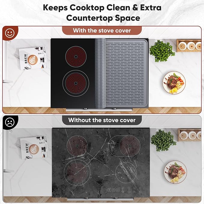 Stove Top Covers for Electric Stove, Glass Cooktop Protector 30''L x 21''W | Waterproof Foldable Anti-Slip Heat Resistant Induction Silicone Stove Mat, Camper RV Stovetop Cover, Kitchen Dish Drying Mat