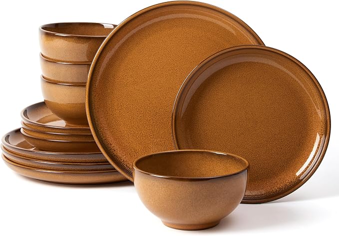 Santorini Mist Terracotta Reactive Glaze Plates and Bowls Sets, Stoneware Dinnerware Sets, Microwave and Dishwasher Safe Ceramic Dish Set Service for 4, Caramel Brown