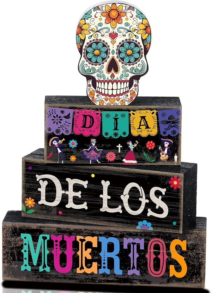 Lineshading 4 Pcs Day Of The Dead Table Decorations Sugar Skull Decor | Rustic Dia De Los Muertos Decor for Farmhouse Tabletop Tiered Tray, Stacked Blocks for Halloween Party Home Shelf Decoration
