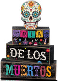 Lineshading 4 Pcs Day Of The Dead Table Decorations Sugar Skull Decor | Rustic Dia De Los Muertos Decor for Farmhouse Tabletop Tiered Tray, Stacked Blocks for Halloween Party Home Shelf Decoration