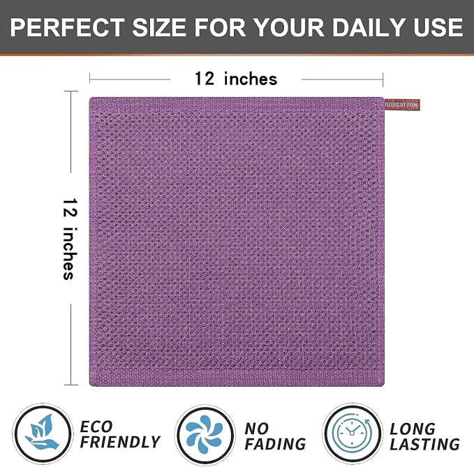 Kitinjoy 100% Cotton Waffle 8-Pack Kitchen Towels, 12" x 12", Violet | Ultra Absorbent, Super Soft, lightweight, Quick Drying Dish Rags for Washing Dishes