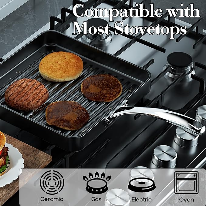 Cooks Standard 11-Inch Square Nonstick Grill Pan for Stovetop | Hard Anodized Grilling Pan for Indoor & Outdoor, Ribbed Surface, Stay-cool handle, Oven Safe, Black