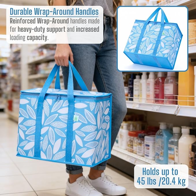 VENO 2 Pack Insulated Cooler Bag Reusable Grocery Bag for Food Delivery | Heavy Duty Large Collapsible Cooler Shopping Tote w/ Zippers, Foldable, Stands Upright for Camping (Spring Breeze, 2 Pack)