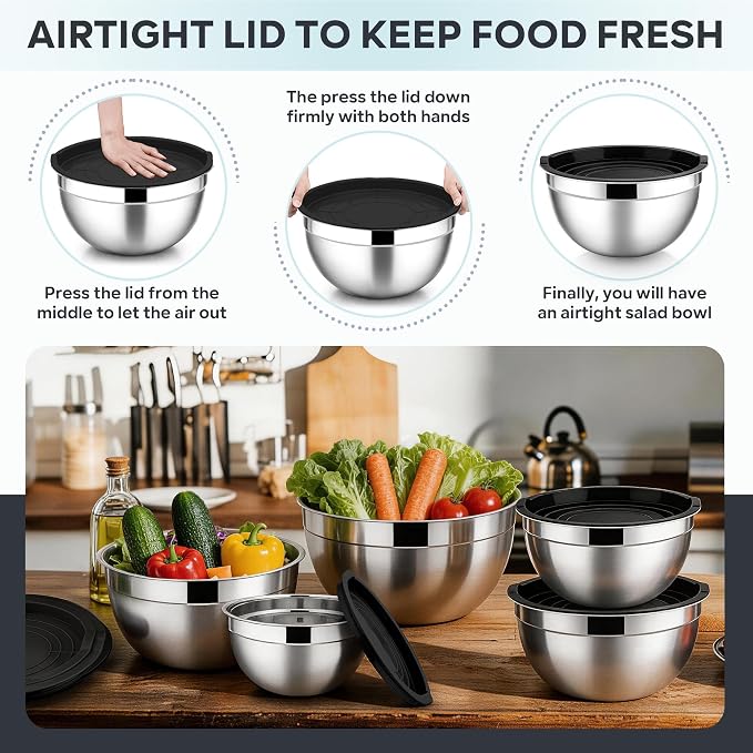 E-far Mixing Bowls with Lids Set, Stainless Steel Cooking Salad Bowl, Black | 10-Piece Metal Nesting Bowls with Airtight Lid for Kitchen Storage, Baking & Prepping, Dishwasher Safe, 0.7/1.5/2.1/3/4.6 QT