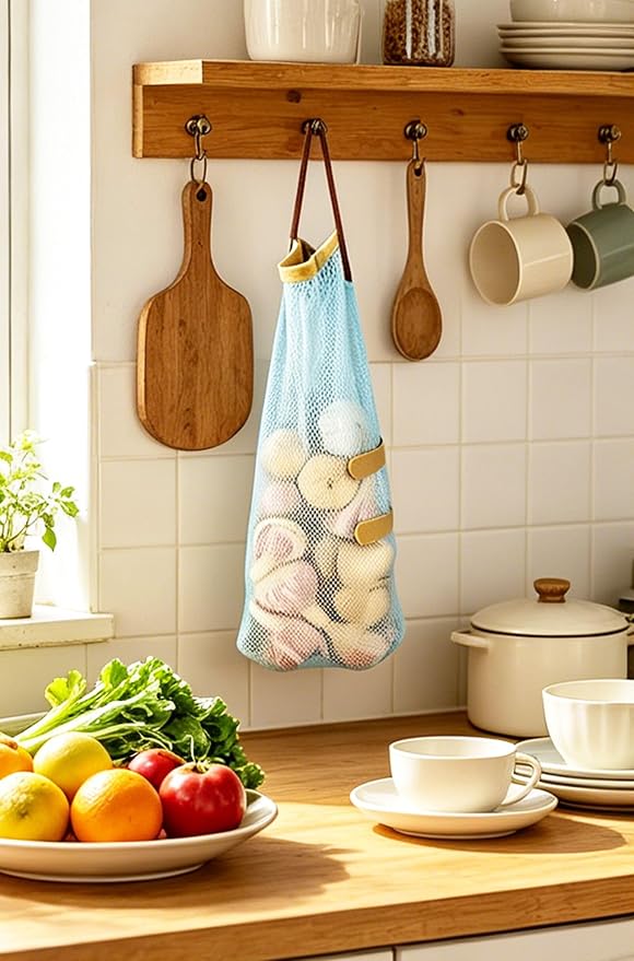 Ahyuan Hanging Mesh Storage Bags 5 Pack Onion Garlic Potatoes Net Mesh Bag Long and Large Reusable Net Produce Bags for Fruit Veggies Garbage Bag for Home RV Camper (Blue)