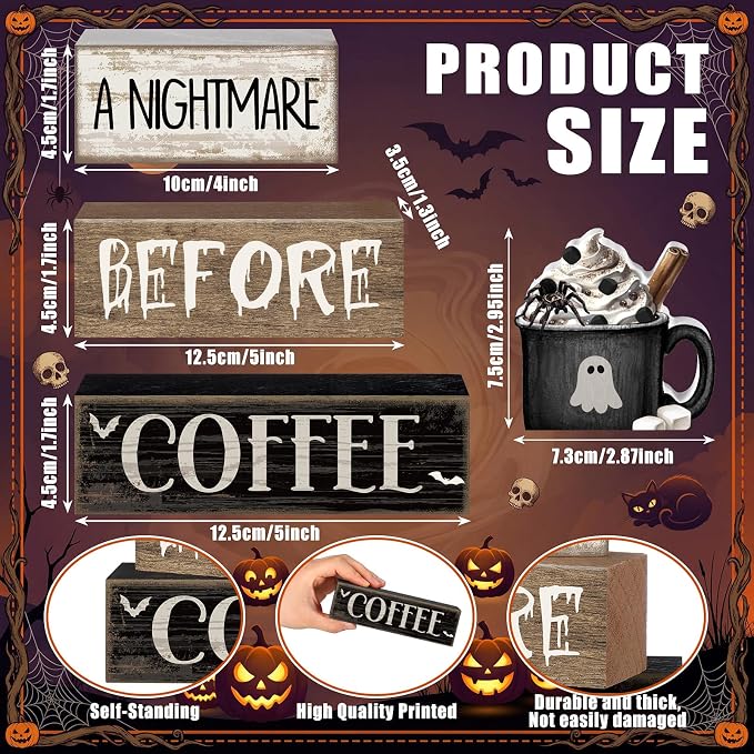 Lineshading 4 Pcs Halloween Farmhouse Tabletop Decor, Ghost Mug Topper | Rustic Wooden Block Signs with Coffee Theme, Perfect for Tiered Tray Decor and Home, Includes Decorative Mug Topper