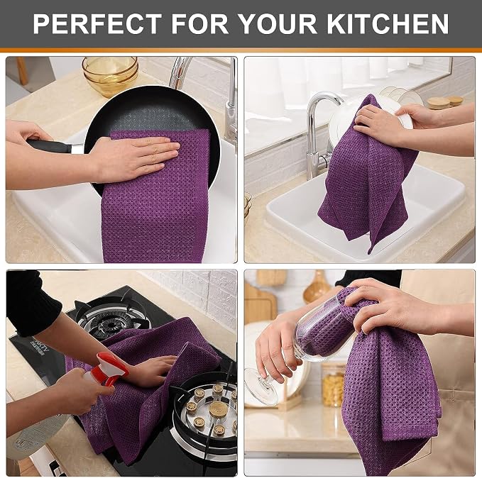 Kitinjoy 100% Cotton Waffle 8-Pack Kitchen Towels, 13" x 28", Violet | Super Soft, Ultra-Absorbent, Fast Drying, lightweight, Quick Drying Kitchen Hand Towels