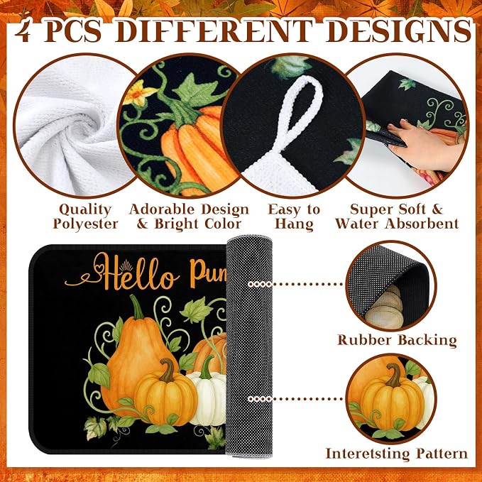 Fanfanwin 10 Pcs Fall Pumpkin Kitchen Decor and Accessories Set Kitchen Towels Pot Holders Oven Mitts and Rugs Sets for Home Autumn Decorations Cooking Baking Housewarming Gifts