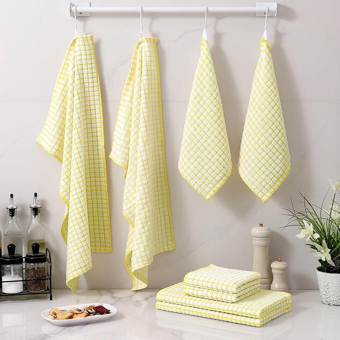 Homaxy Kitchen Towels and Dishcloths Set, Set of 8, Yellow | Cotton Terry Kitchen Dish Towels, Super Soft and Absorbent Dish Cloths, 16 x 25 and 12 x 12 Inches