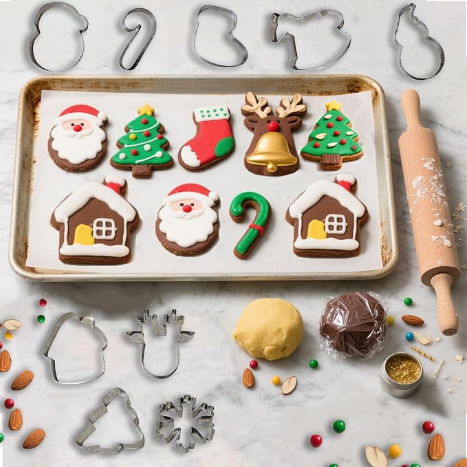Christmas Cookie Cutters - 9 PCS Christmas Party Favors Decorations Kit Shaped in Santa Snowman Cane Candy |Stainless Steel Navidad Stroking Stuffers Food Gingerbread Baking Press Supplies for Kitchen