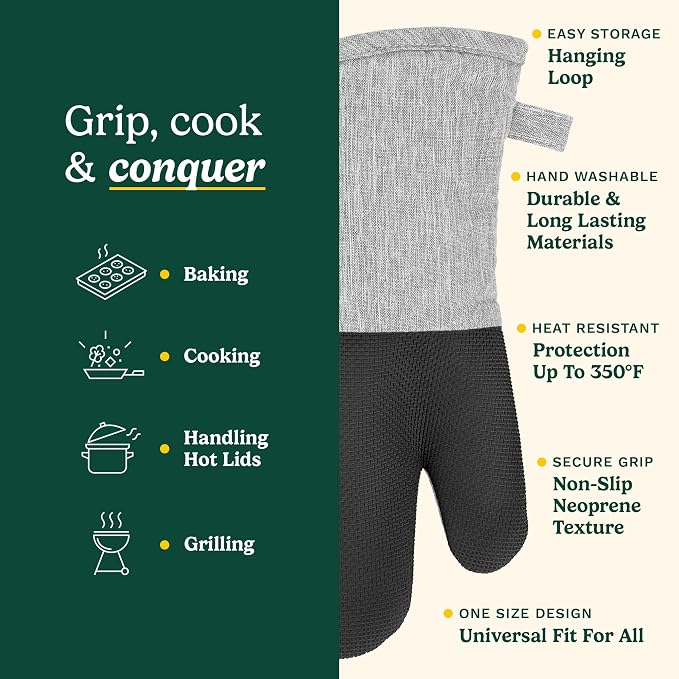 Cuisinart Chambray Kitchen Oven Mitts, Heat-Resistant, 2-Pack, 7"x13" | Non-slip neoprene palm grips up to 350°F, long cuff shields forearms, hang loop for storage, handles cast iron and grilling