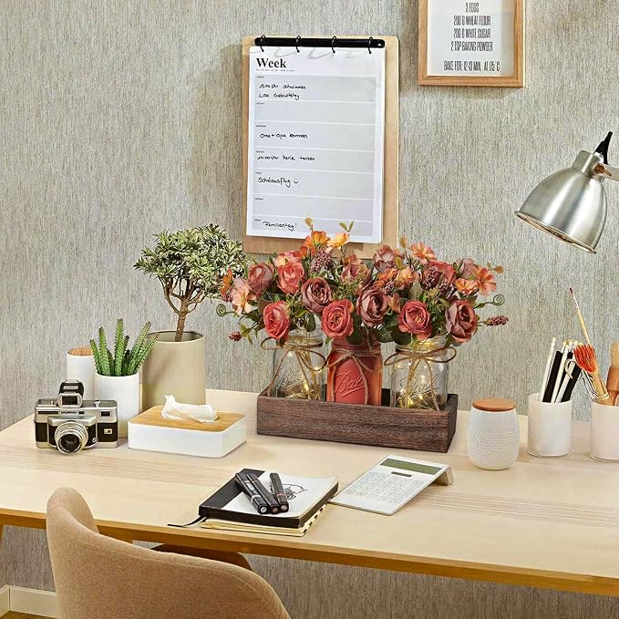 3 Pcs Mason Jar Centerpiece Table Decorations for Dining Table Decor Farmhouse Coffee Table Decor with Wood Tray and Led Light Table Centerpieces for Dining room Kitchen Living Bathroom,Orange | Rustic Farmhouse Decor for Home Décor Accents Kitchen Cou...