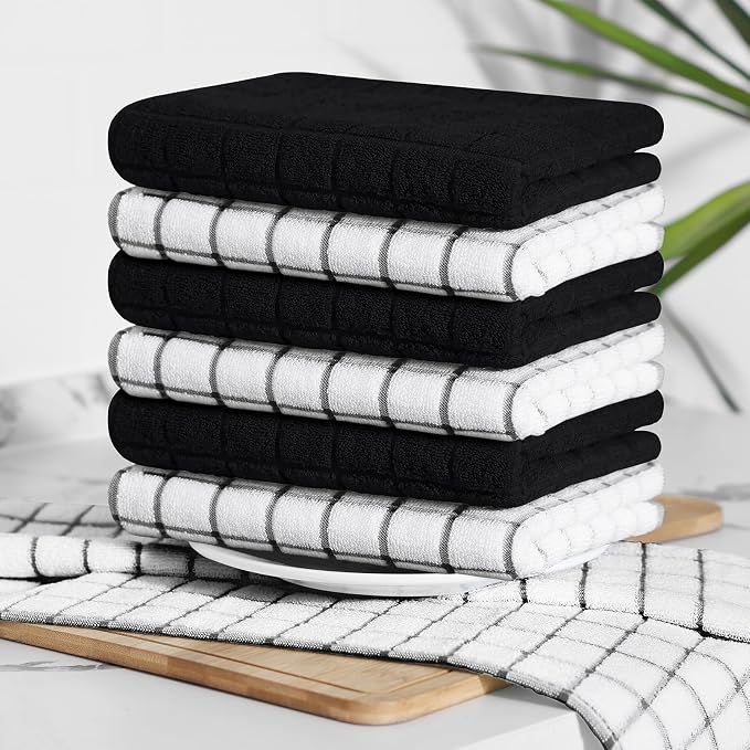 Homaxy Large Premium Cotton Kitchen Towels 16"x 28", 12 Pack, Black | Natural Ring Spun 390 GSM Dish Towels, Super Absorbent Terry Kitchen Hand Towels, Soft Tea Towels with Hanging Loop