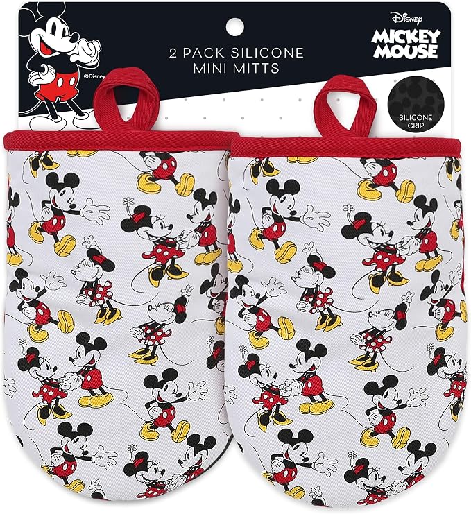 Disney Mickey & Minnie Mini Oven Mitts, 2-Pack, Heat Resistant 450F | Compact 5.5"x7.5" pot holders for kitchen, printed silicone offers non-slip grip, ambidextrous, hand wash or spot clean