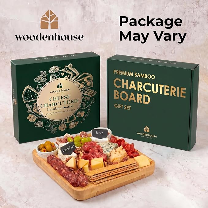 Bamboo Charcuterie Boards Gift Set - Meat and Cheese Tray with Utensils | Fruit Server & 2 Sauce Bowls Included – House Warming, Wedding & New Home Present