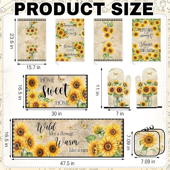 10 Pcs Kitchen Decor and Accessories Set, Sunflower Fall | Farmhouse Rustic 4 Dish Towels Kitchen Rugs 2 Oven Mitts 2 Pot Holders, Home Decor for Cooking Baking BBQ Housewarming