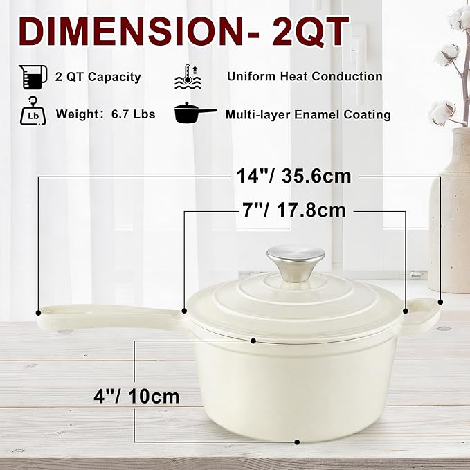 2Qt Enameled Cast Iron Sauce Pan, Leonyo Dutch Oven Pot with Lid, Non Stick Cooking Simmer Pots Induction Kitchen Cookware for All Cooktops Baking Bread, Soup, Ramen - Up to 500°F, Cream White