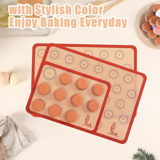 Folksy Super Kitchen Silicone Macaron Baking Mat - Set of 3 | 2 Half Sheet and 1 Quarter Sheet, Non Stick Silicon Oven Liner For Macaroons and Cookies (16.5x11.6, Red)