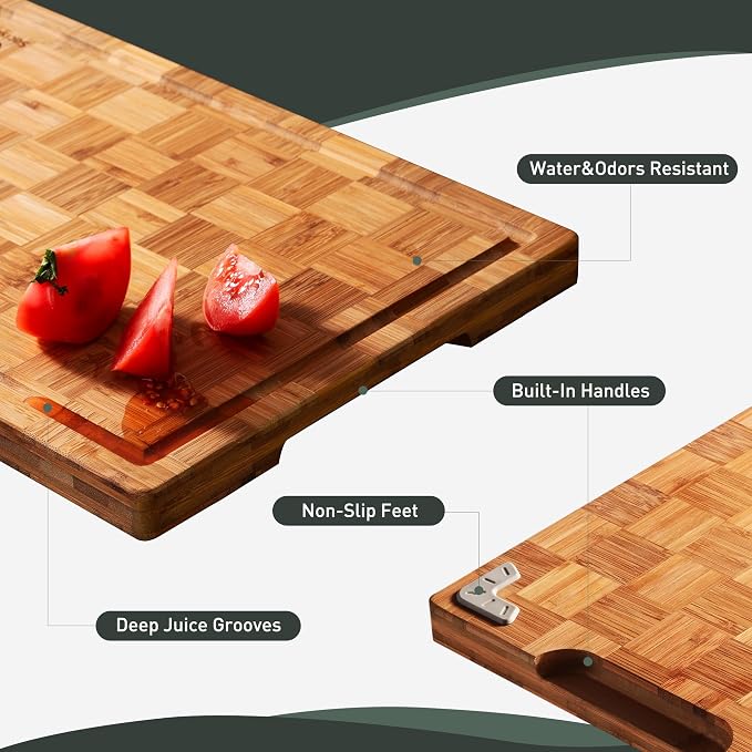 Bamboo Cutting Board 16'' Wood Wooden Cutting Boards for Kitchen Chopping | Heavy Duty, Solid & Durable, Juice Groove, Chopping Board, End Grain, Smart Flexible High Rank Stainless Steel Titanium