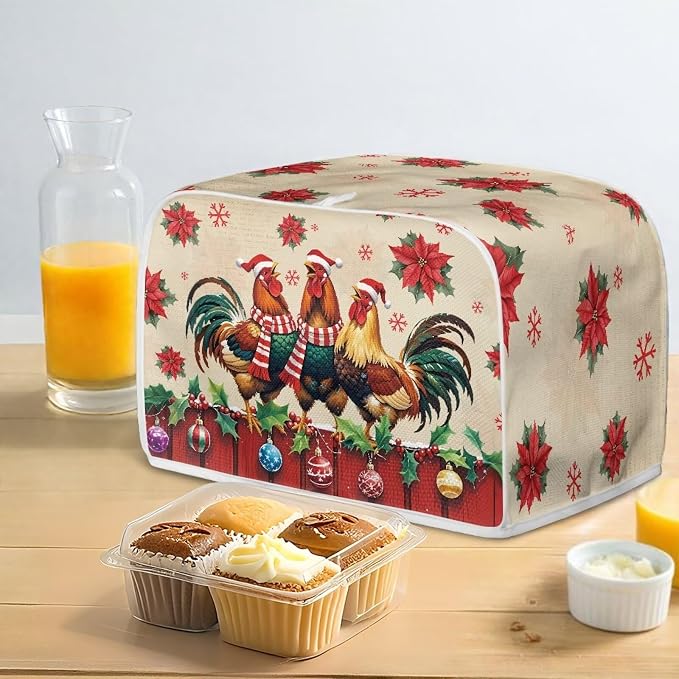 Christmas Rooster Print 2 Slice Toaster Cover Foldable Kitchen Small Appliance Cover Dust and Fingerprint Protection, Machine Washable Home Kitchen Decor Accessories