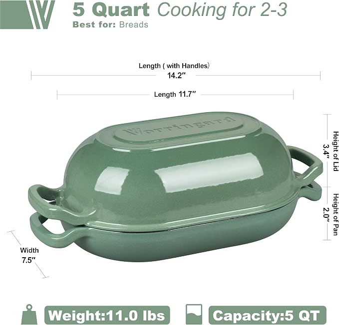 VORRINGARD Enameled Cast Iron Sourdough Bread Oven, Dutch Oven, Loaf Cast Iron Bread Pan for Homemade Bread Baking, Meatloaf Pan with Lid, 5QT, Sage Green