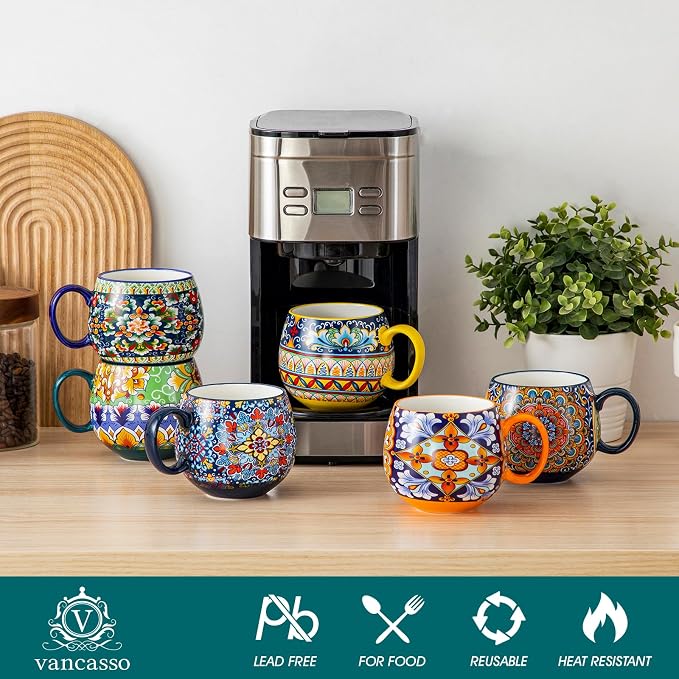 vancasso Coffee Mugs Set of 6, 18oz Ceramic Coffee Cups, Colorful | Porcelain Coffee Mugs for Cappuccino, Latte, Espresso, Bohemian Mugs with Handle for Daily Use, Microwave & Dishwasher Safe