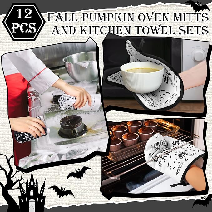 SiliFine 12 Pcs Halloween Kitchen Towels Oven Mitts Pot Holders Set | Gothic Witch Black Cat Skull Prints, Halloween Kitchen Accessories, Home Cooking Baking Protection, Holiday Decorations