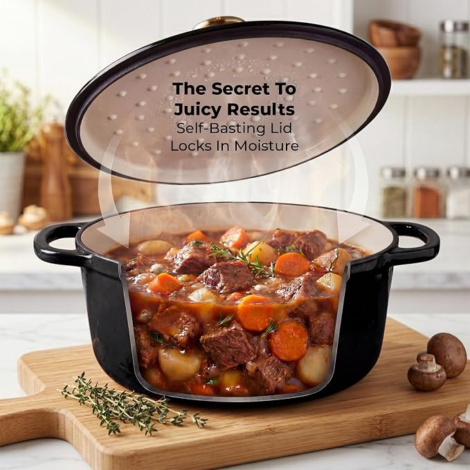 Zulay Kitchen 7.7 Quart Enameled Cast Iron Dutch Oven Pot with Lid – Premium Durability & Oven Safe up to 500°F – Heavy Duty Cookware Perfect for Bread Baking, Stews, Braising & Roasting – Black