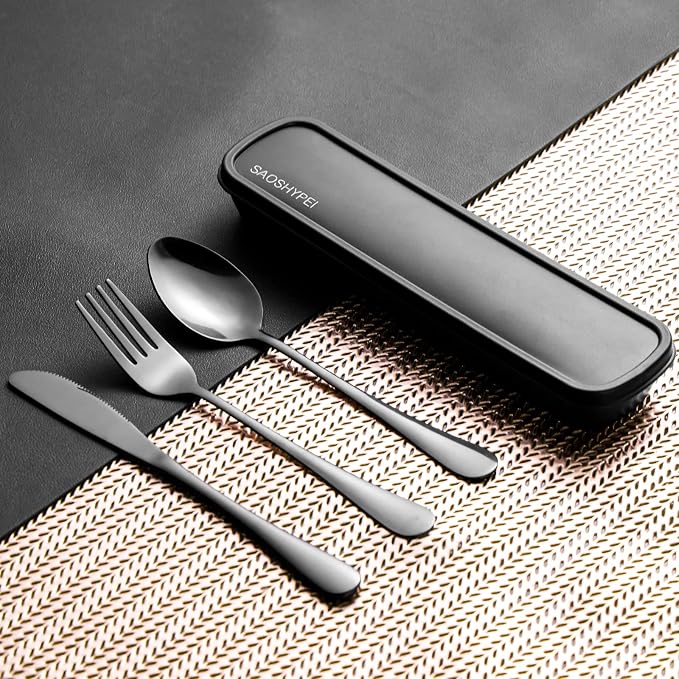 SAOSHYPEI Travel Utensils with Case, 4-Piece Stainless Steel Set, Black | Reusable fork, spoon and knife set for work lunch, lunch bags, camping and travel; portable case, dishwasher safe.