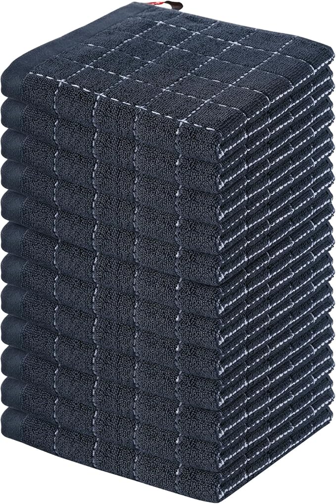 Homaxy 100% Cotton Terry Kitchen Dish Cloths, 12 Pack, Dark Grey | Ultra Soft and Absorbent, Suitable for Drying and Washing Dishes