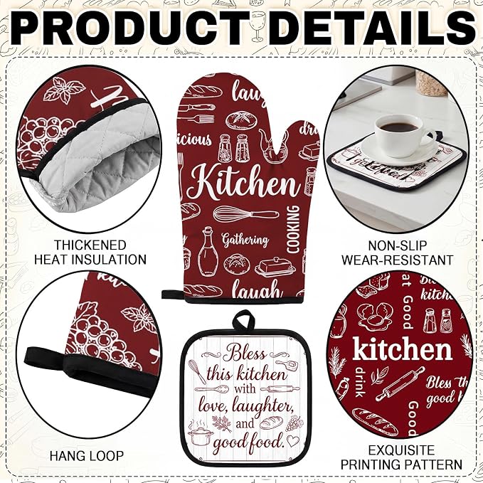 10 Pcs Kitchen Decor and Accessories Set, Retro Farmhouse | Baking Red Burgundy 4 Dish Towels Kitchen Rugs 2 Oven Mitts 2 Pot Holders, Home Decor for Cooking Baking BBQ Housewarming