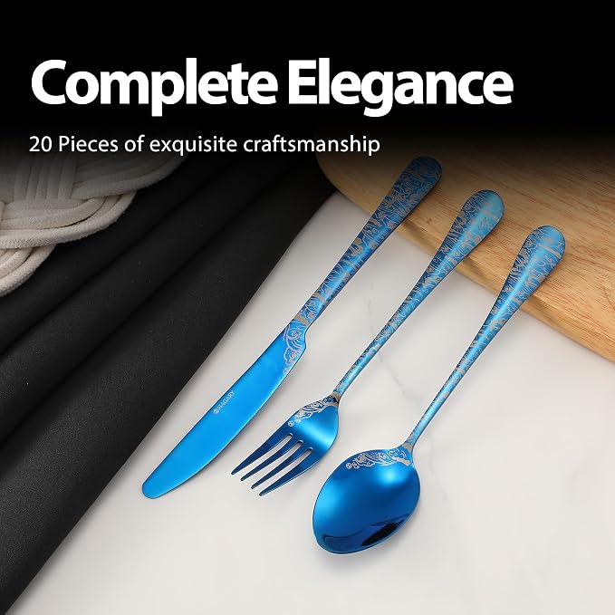 Wave Cutlery Set 20 Pieces Stainless Steel Flatware Set (All Blue) | Service for 4 Utensils For Home Kitchen Wedding Laser Engraved Dishwasher Safe
