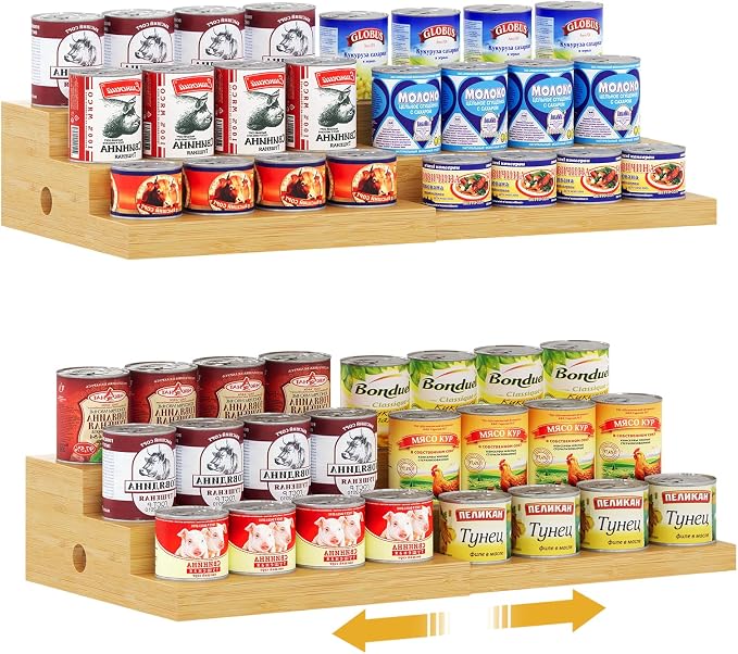 2-Pack Expandable Bamboo Can Organizer for Pantry Display, Holds 48 Cans | 3-Tier Adjustable Can Storage Holder, Soda & Canned Food Organizer Rack for Cabinets & Countertops (Patent Pending)