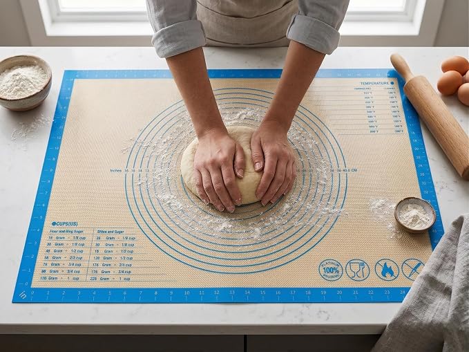 Silicone Pastry Mat with Measurements, 26 x 16 Inch Extra Thick Non-Slip Nonstick Large Baking Mat for Dough Rolling, Kneading, Fondant and Pie, Blue