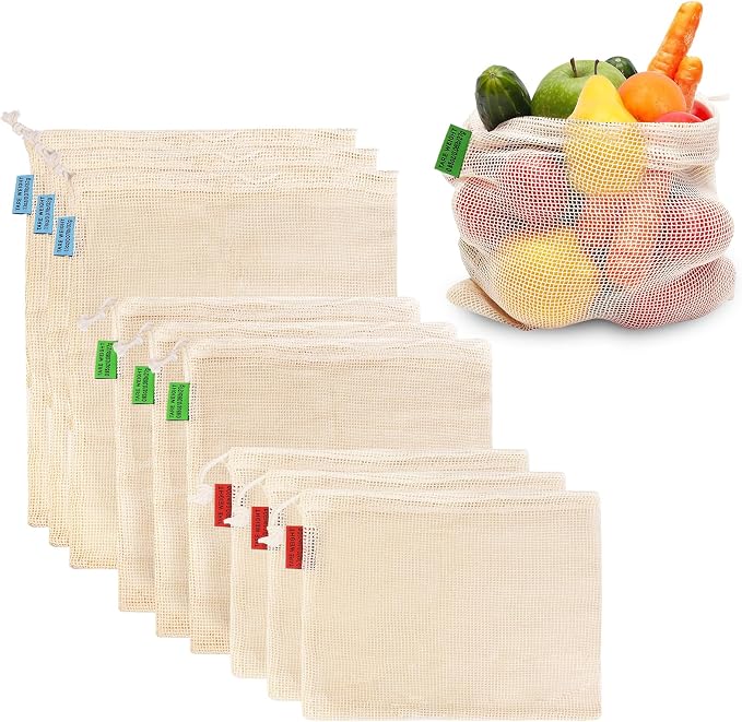 Ycsst 9 Pack Reusable Produce Bags, Cotton Mesh Vegetable & Fruit Bags for Grocery Shopping, Washable Eco Friendly Produce Storage, Reusable Grocery Bags Set (3 Sizes)