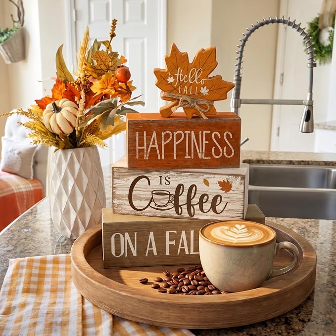 Lineshading 4 Pcs Fall Block Signs, Wooden Farmhouse Tiered Tray Decor | Stackable Rustic Wood Blocks with Maple Leaf Topper, Coffee Happiness Quote, Perfect for Tabletop Mantel Shelf Display
