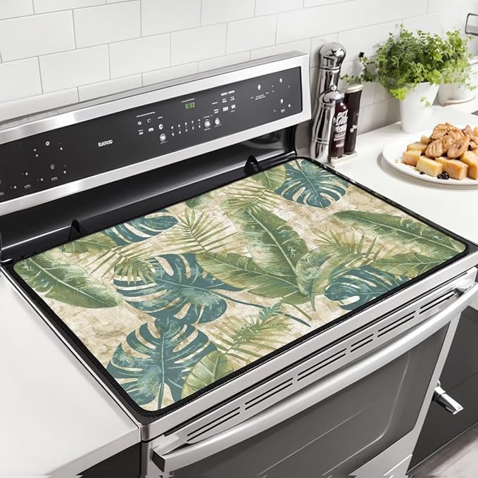 Tropical Leaf Print Electric Stove Insulation Pad Heat & Stain Resistant Dish Drying Mat for Kitchen 30x21 Inch Cooktop Stove Guard Protector with Anti-Slip Grip Extra Large Mat