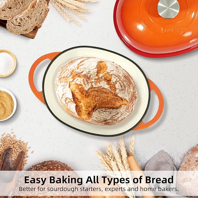 Davivy 11" x 8.7" Oval Bread Oven with Domed Lid, Enameled Oval Dutch Oven Pot for Sourdough Bread Baking 6QT, Non-stick Cast Iron Sourdough Pan Bread Cloche with Lid - Flame Orange
