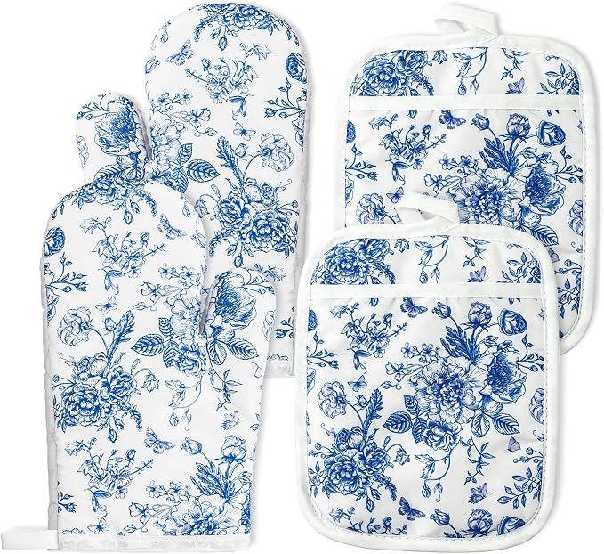 AnyDesign 4Pcs Blue Chinoiserie Floral Oven Mitts and Pot Holders Set | Heat Resistant Non-Slip Potholders Porcelain Flower Kitchen Oven Gloves with Hot Pads for Cooking Baking